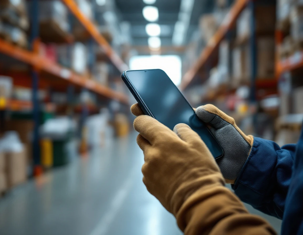 Worker hands holding mobile device in warehouse environment during compliance training session