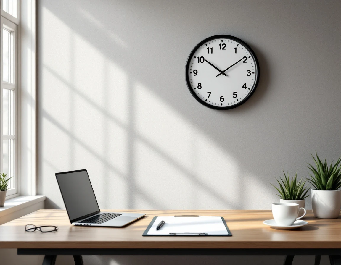 Modern office workspace with wall clock and blank scheduling clipboard on desk near window