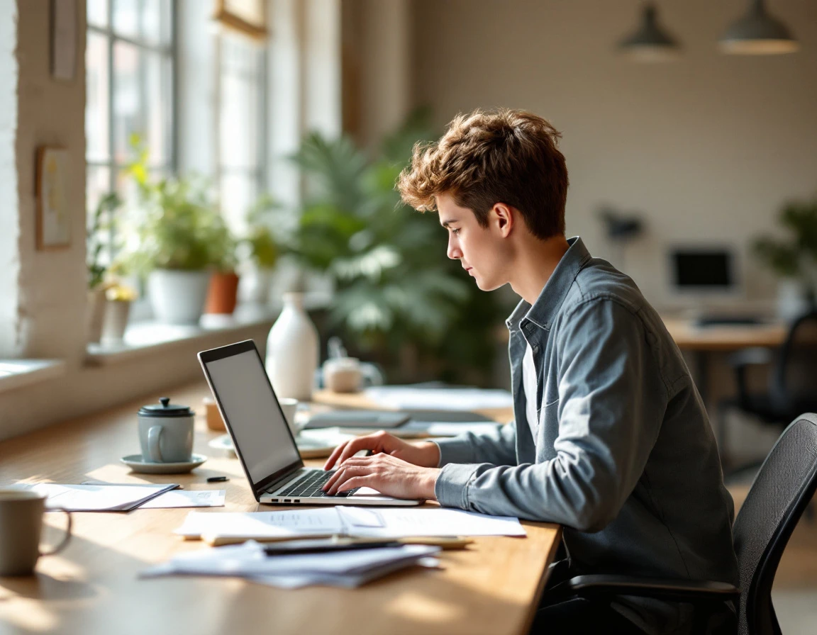 Student worker at office desk during daytime work hours in professional workplace setting