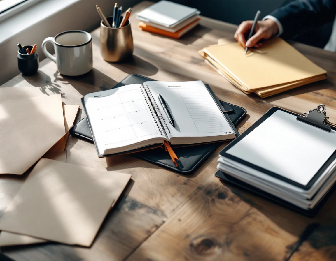 Organized desk with file folders, planner, and office supplies for workforce compliance documentation