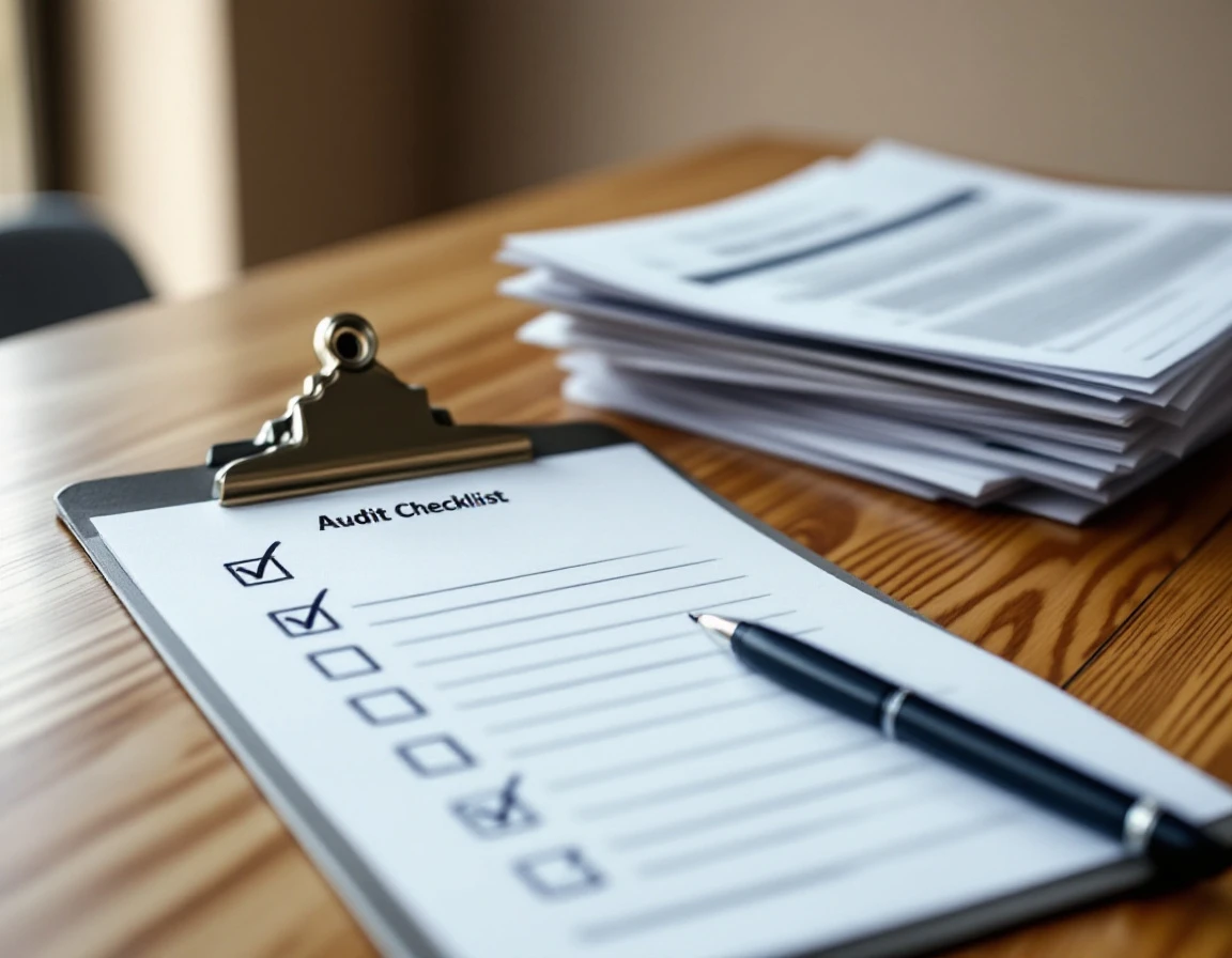 Audit checklist on clipboard with time records and schedule forms on wooden office desk