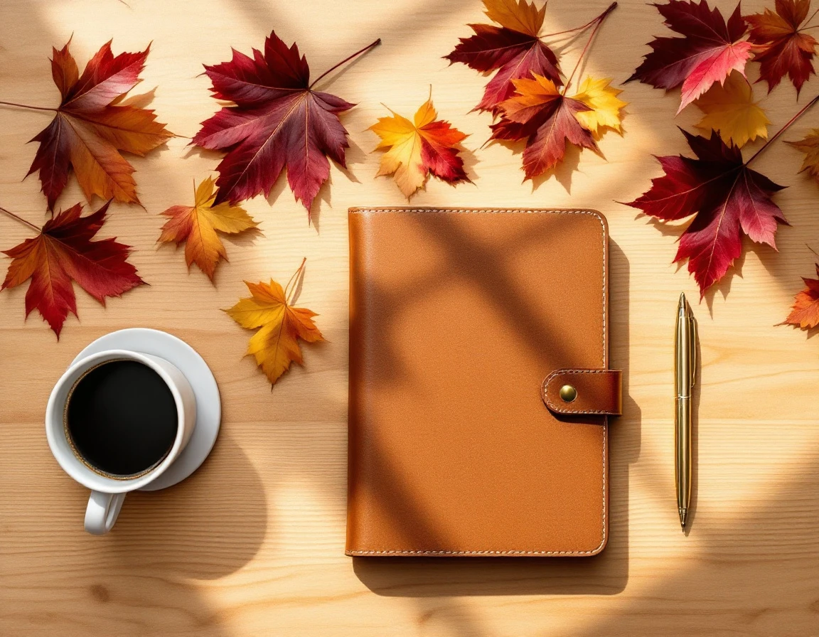 Closed planner on wooden desk with coffee mug and autumn leaves in warm natural lighting