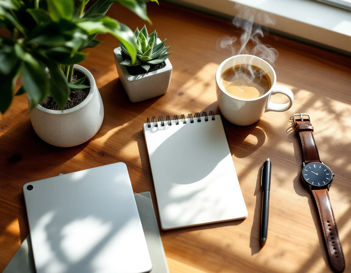 Minimalist desk workspace with blank notepad, coffee, and productivity tools bathed in natural morning light