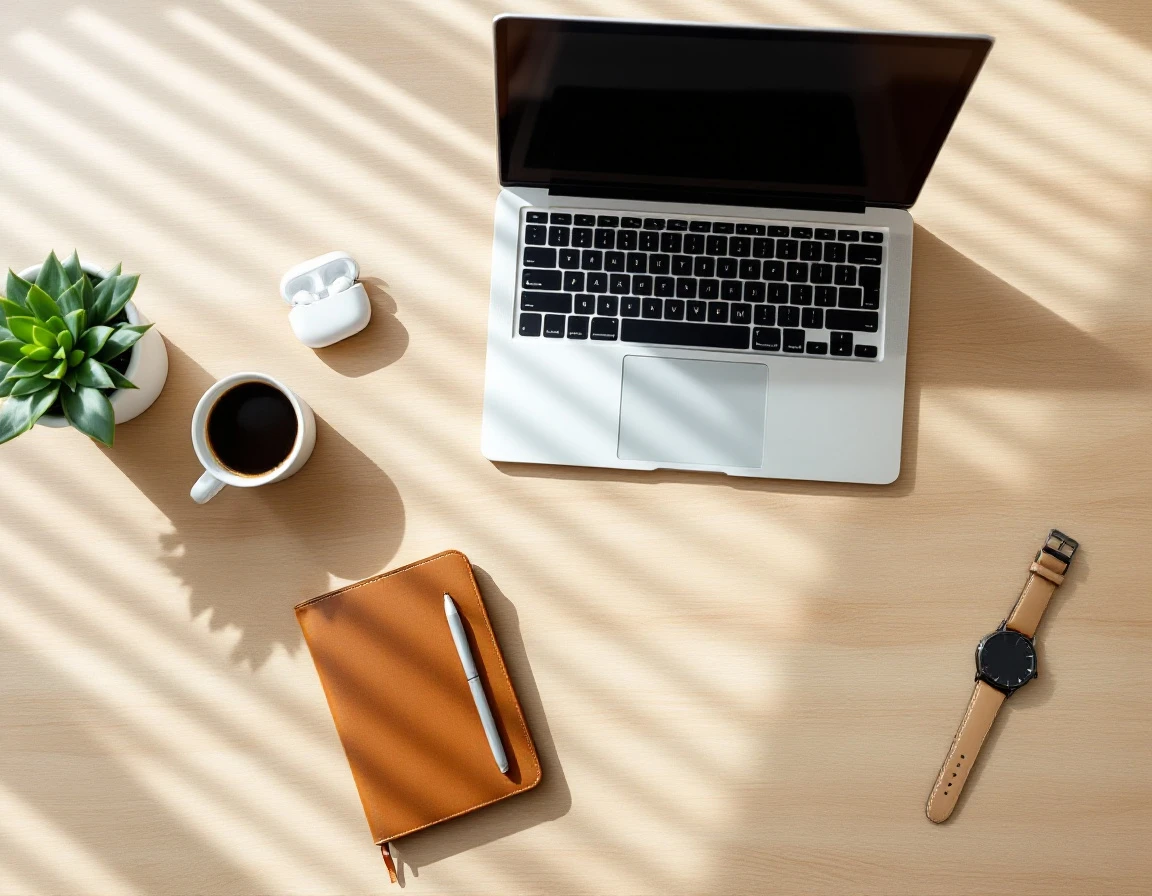 Overhead view of organized workspace with laptop, coffee, and plant showing flexible work environment