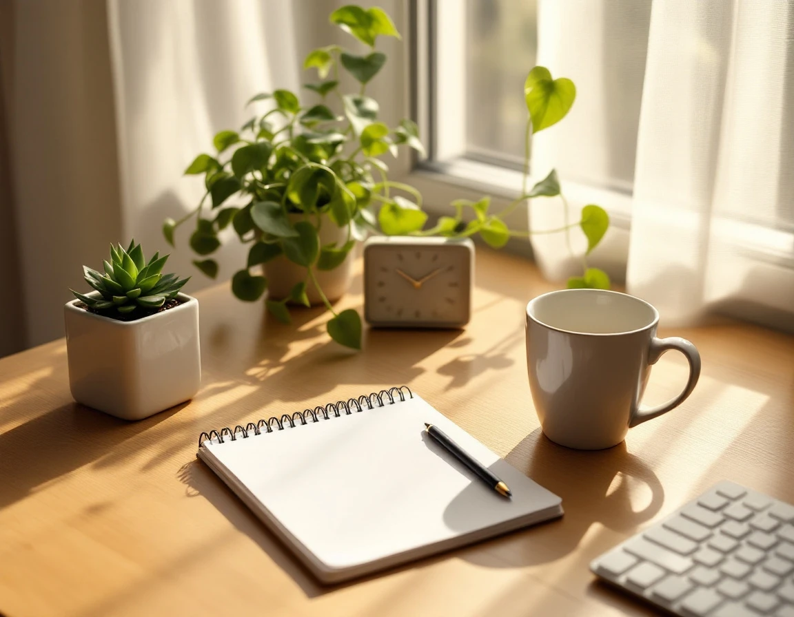 Sunlit wooden desk with blank notebook, coffee mug, and potted plants by window emphasizing calm workspace