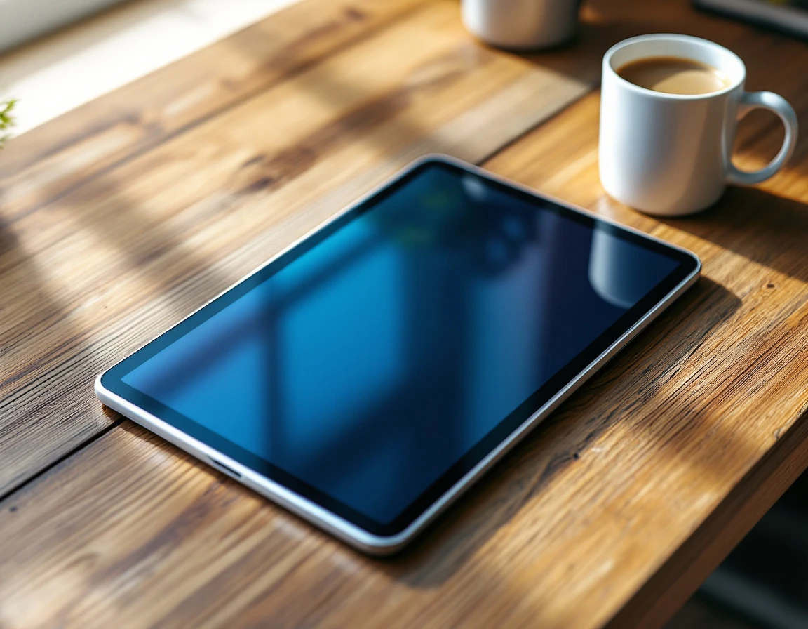 Tablet device on wooden desk with coffee mug in office setting, representing workplace communication technology