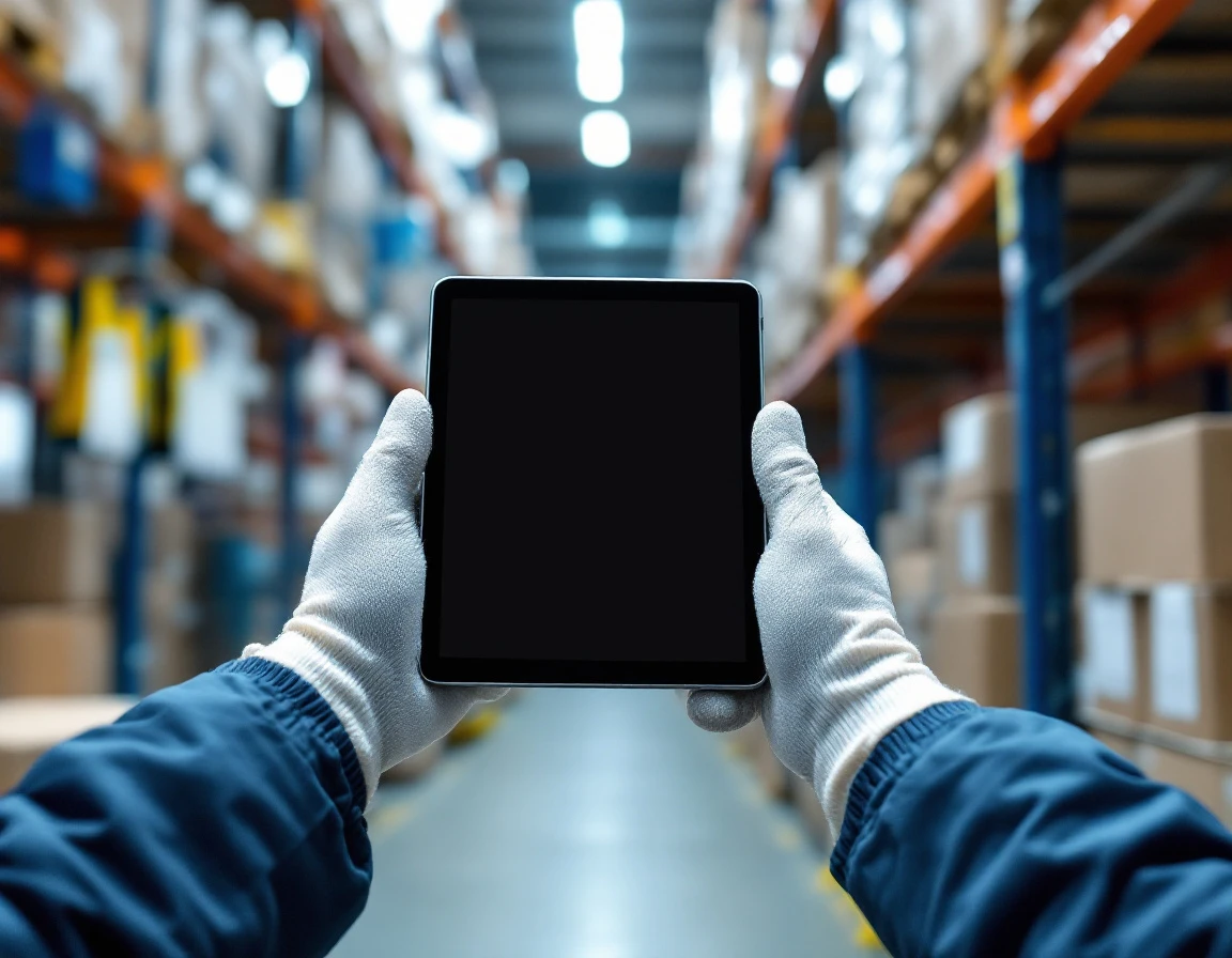Warehouse worker's hands holding tablet device among industrial storage shelves and inventory