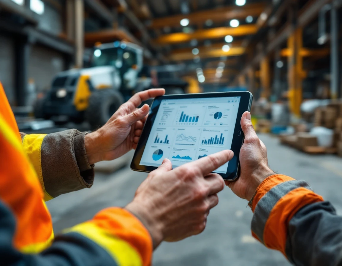 Construction worker using digital tablet on industrial job site with authentic warehouse background