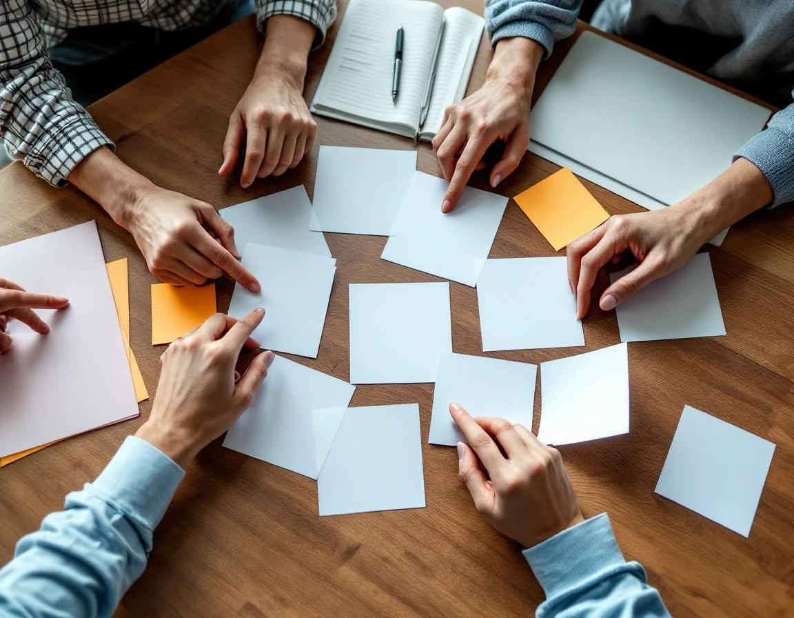 Team members collaborating around desk with blank planning cards during workforce strategy session