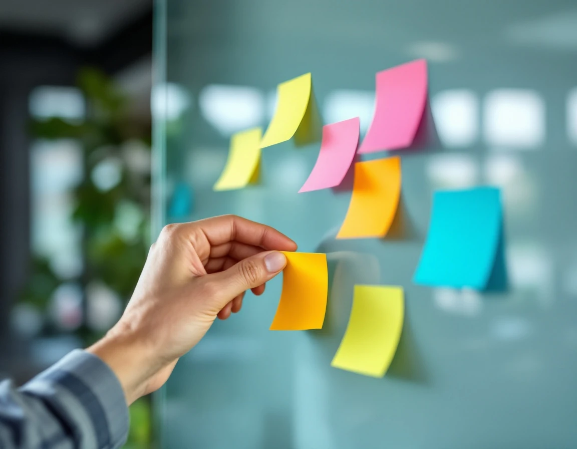 Professional hand organizing colorful sticky notes on a glass whiteboard for workforce scheduling