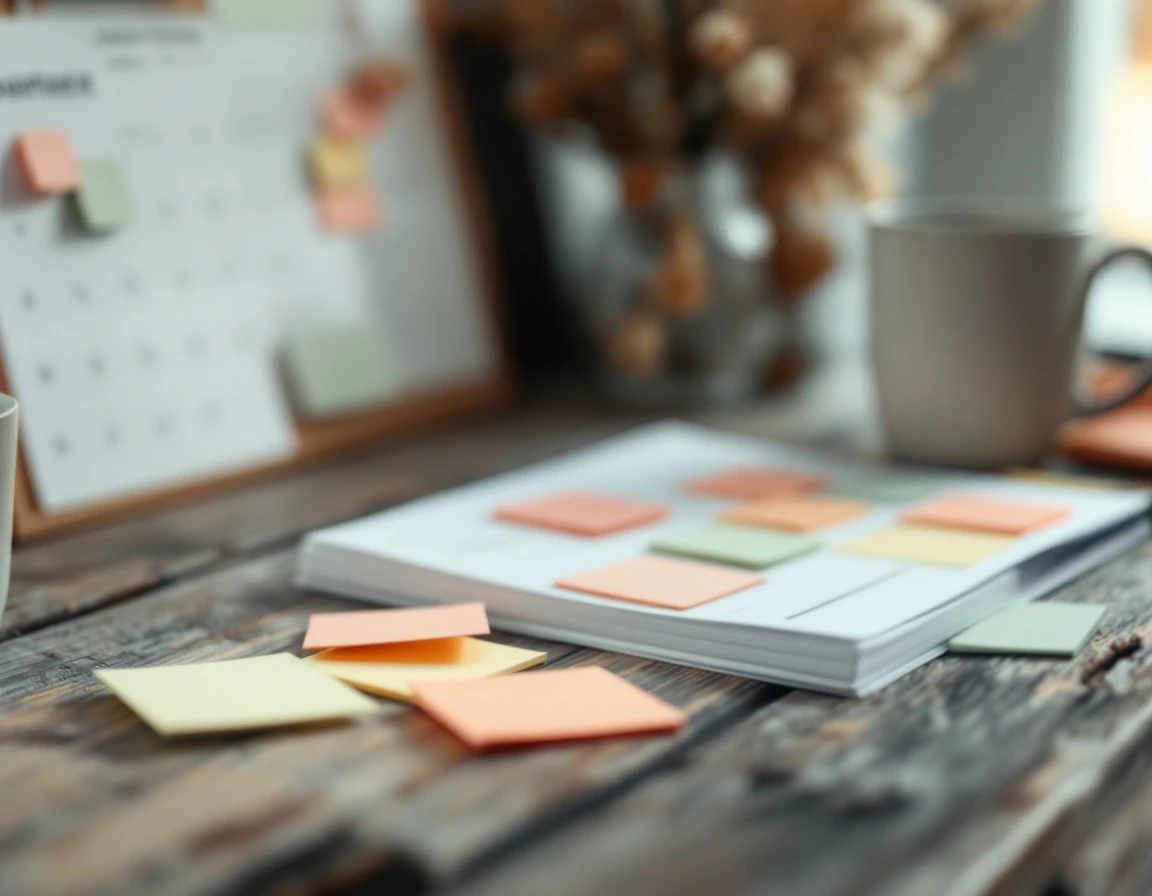 Workspace with muted sticky notes and blurred planner showing natural scheduling organization approach
