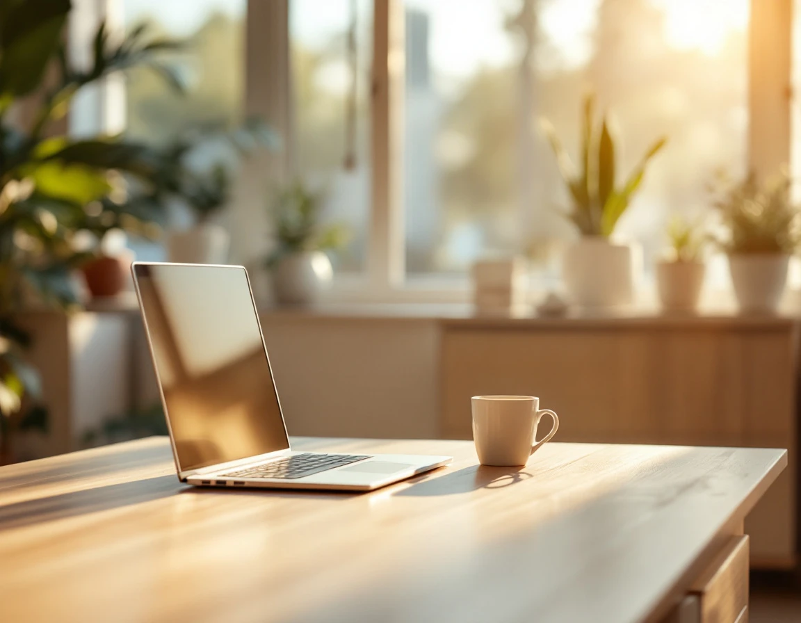 Empty office desk with morning light streaming through windows, chair pushed in, symbolizing guilt-free time off