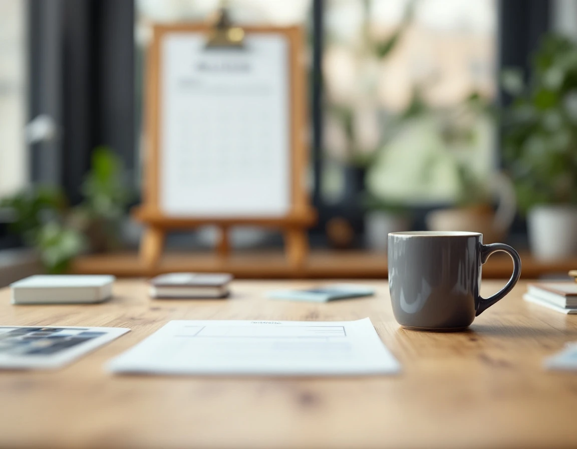 Clean manager's desk with blurred planning materials and natural window light showing a calm workplace environment