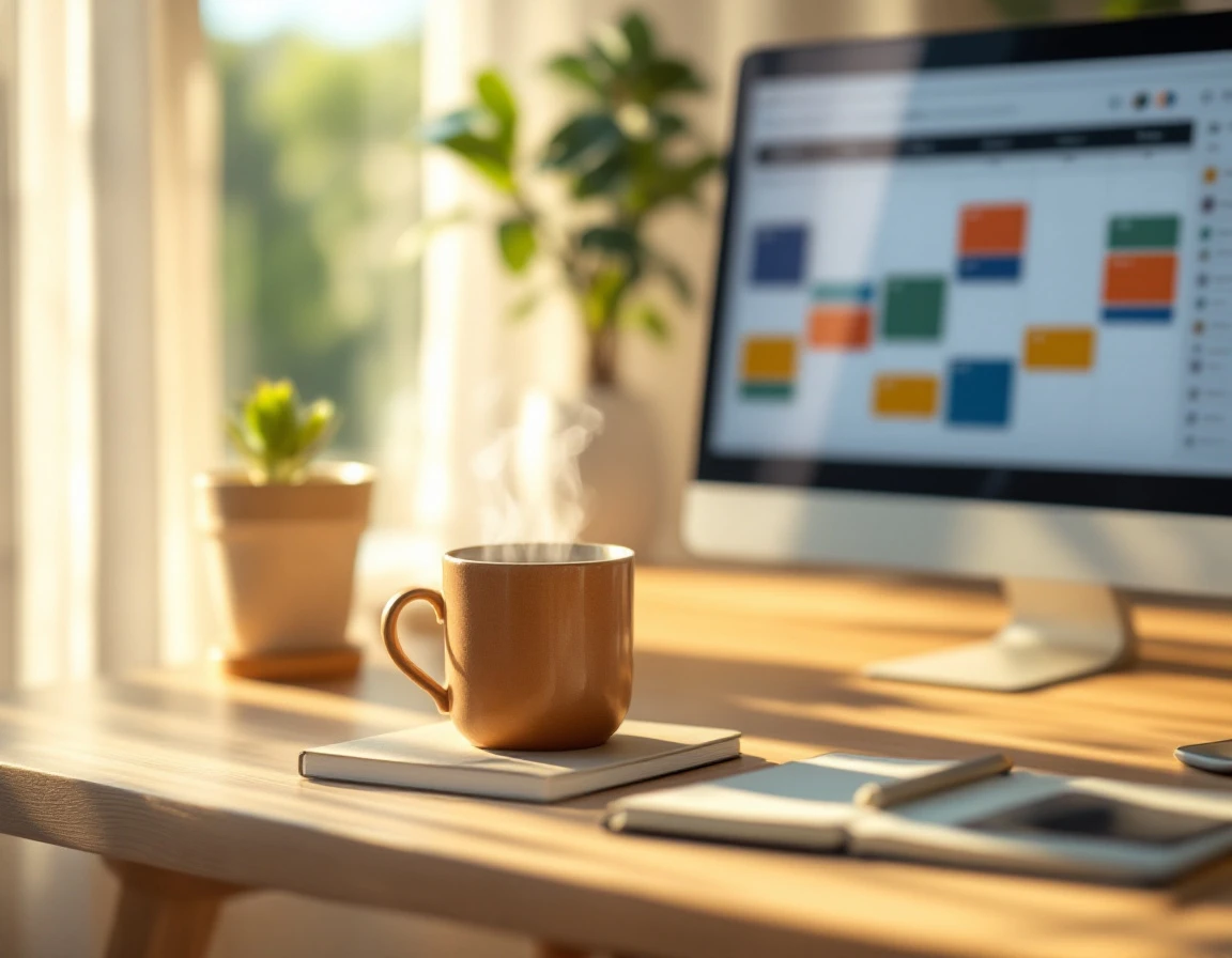 Minimalist home office desk with coffee, plant, and laptop showing a blurred scheduling calendar interface
