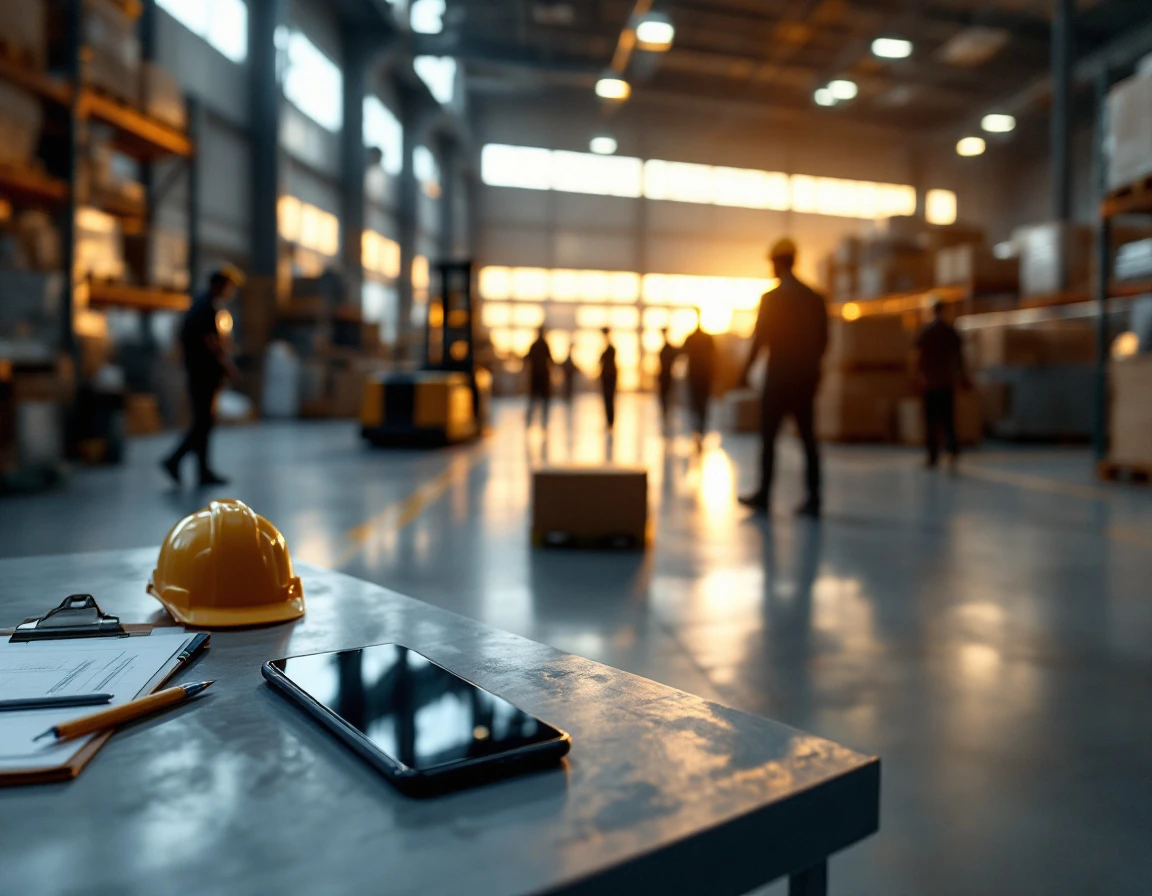 Warehouse workers beginning their shift with mobile devices on industrial work tables at dawn