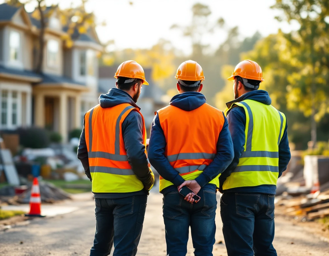 Three construction workers in safety vests huddled together reviewing information on a residential job site