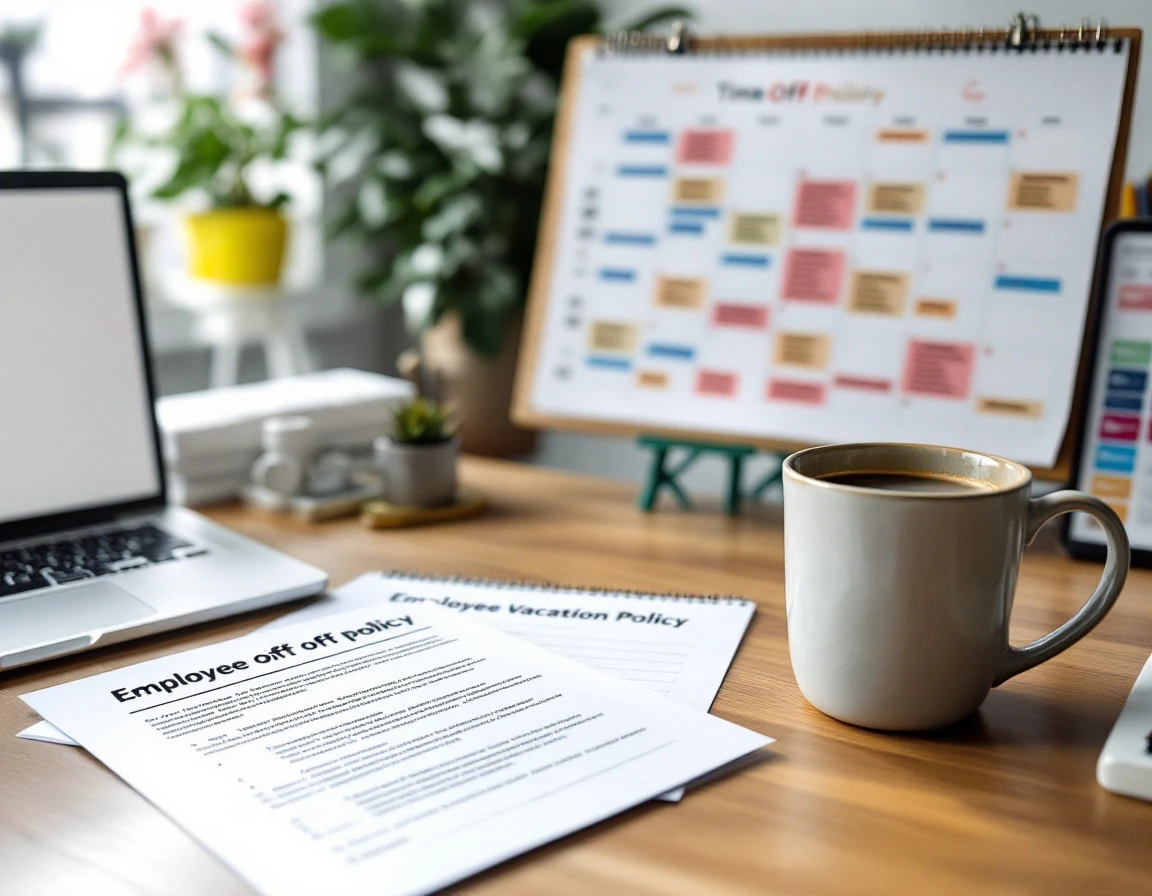 Desk workspace with vacation policy documents, marked calendar, and time-off scheduling materials
