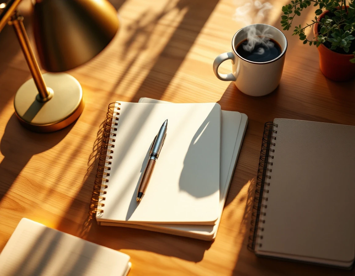 Sunlit desk workspace with blank notebook, pen, and passport holder suggesting vacation planning preparation