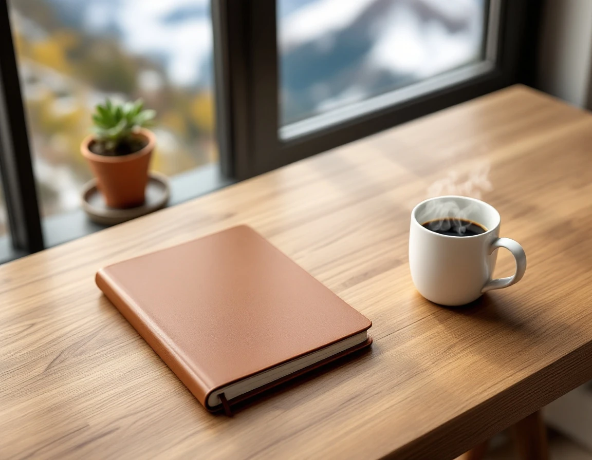 Wooden desk with closed planner, coffee mug, and plant by window overlooking mountains