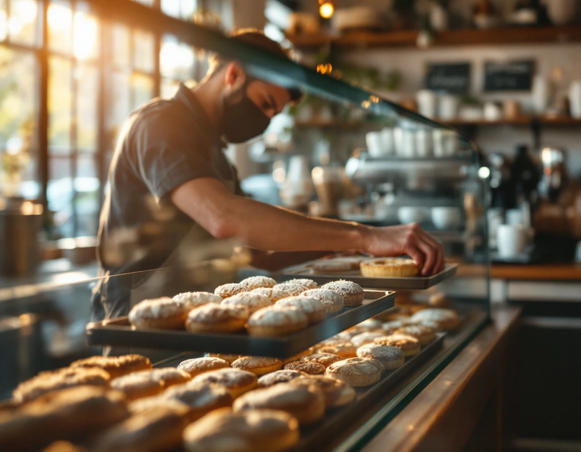Employee hands carefully arranging pastries in coffee shop display case with warm morning light