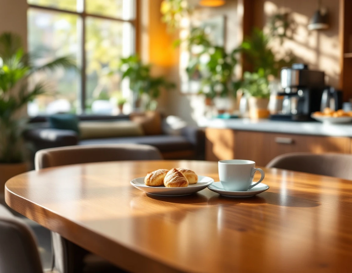Inviting office break room with communal table and coffee station designed for employee engagement