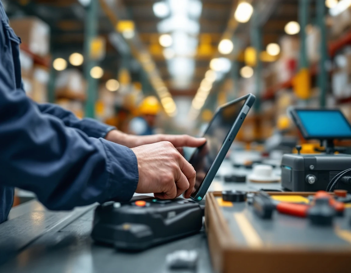 Frontline worker's hands operating warehouse equipment with digital tools in modern industrial setting