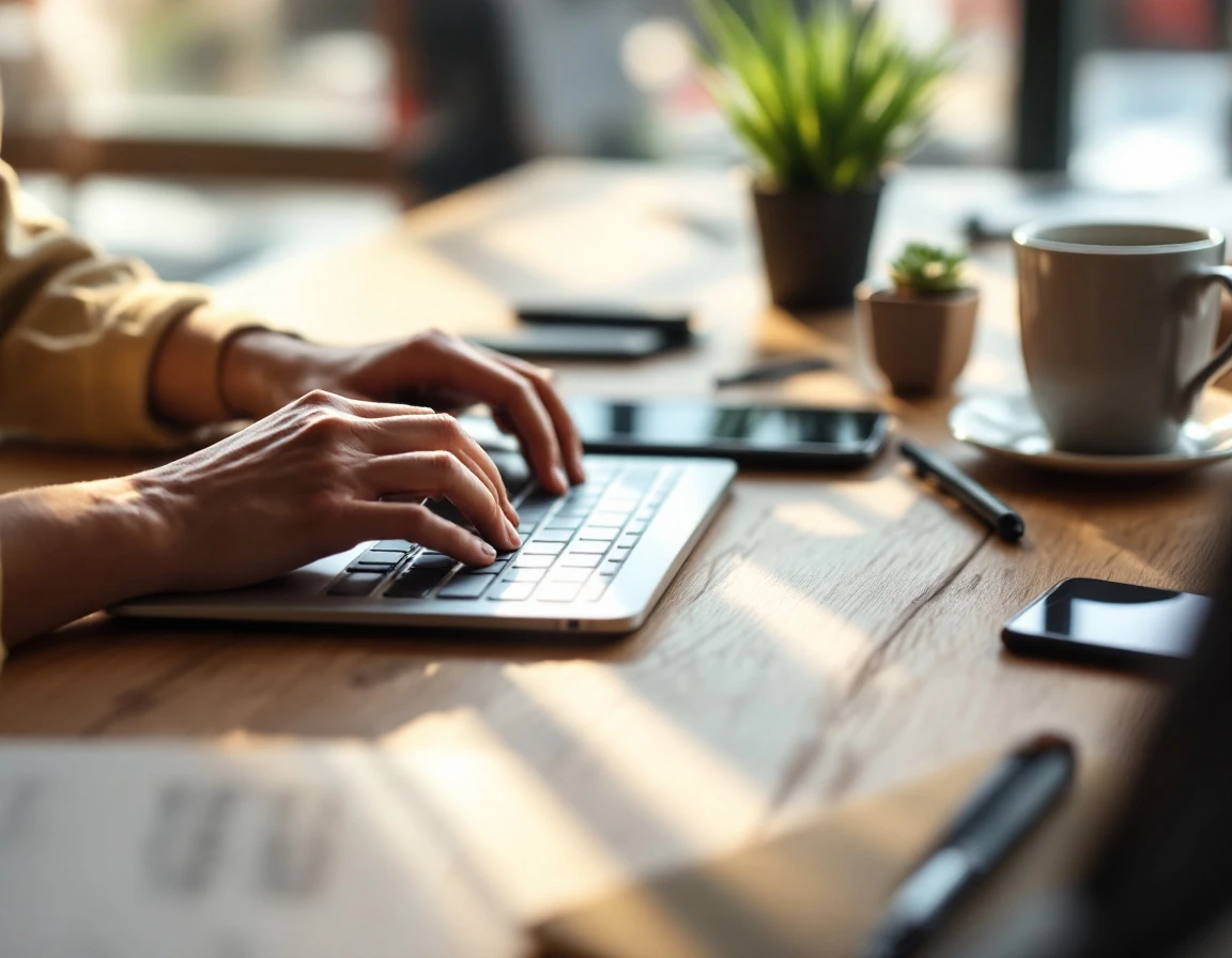 Hands typing on laptop at clean desk workspace with coffee and succulent plant