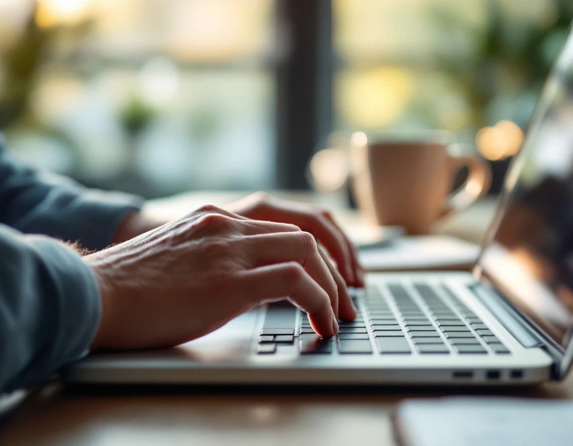 Hands typing on laptop keyboard in modern office workspace with natural lighting