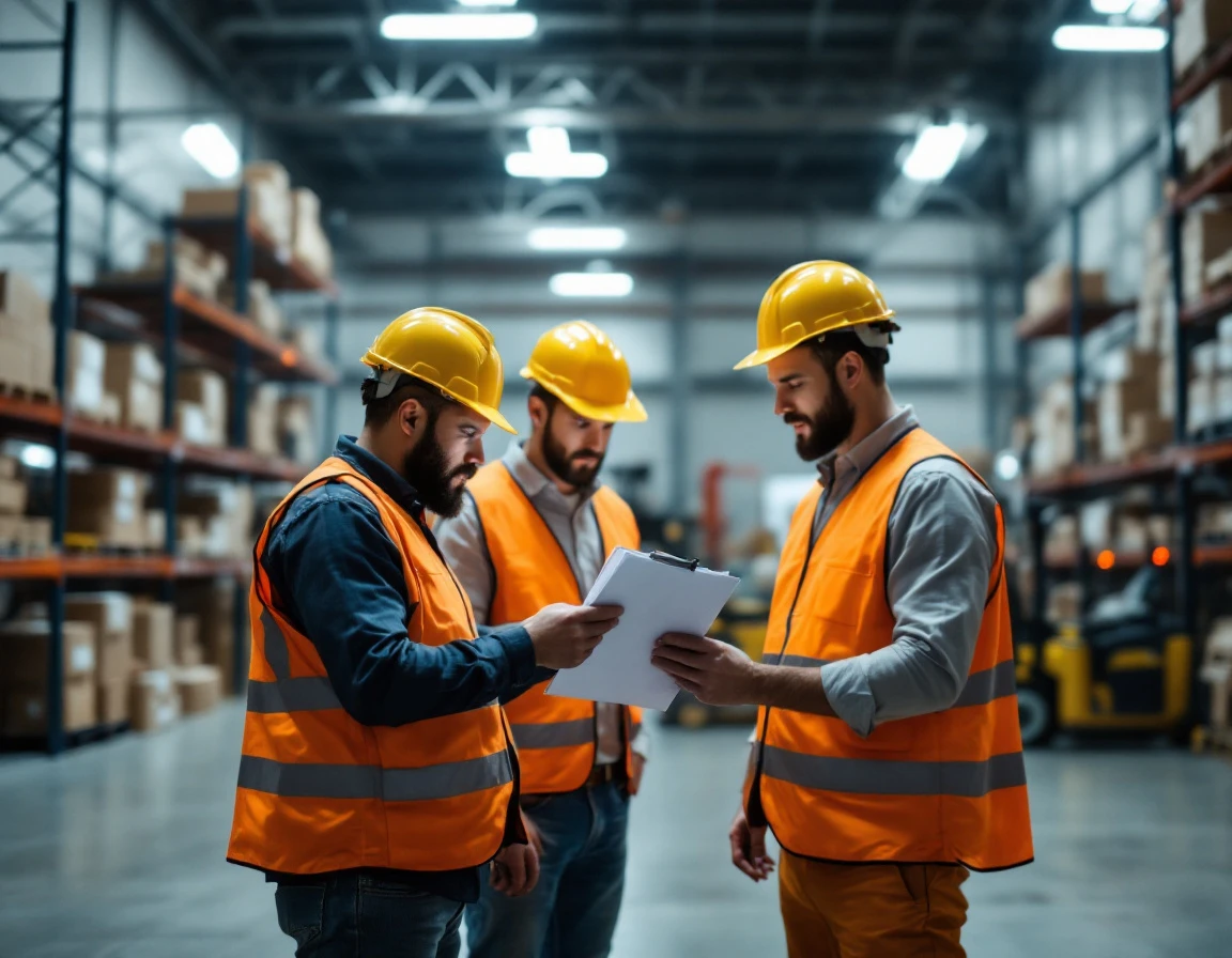 Warehouse workers conducting daily safety briefing in industrial facility with clipboard and equipment