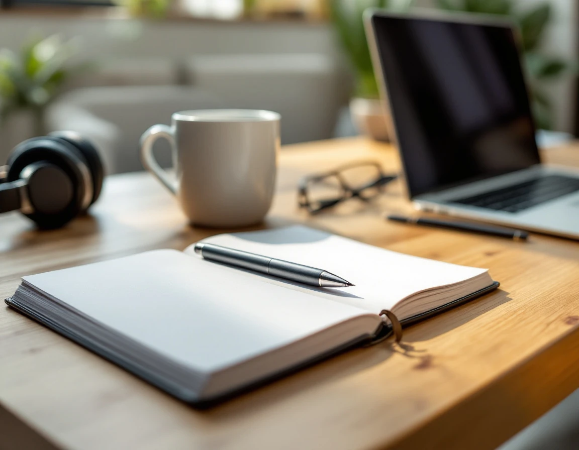 Clean workspace with blank notebook, closed laptop, and communication tools in natural office lighting