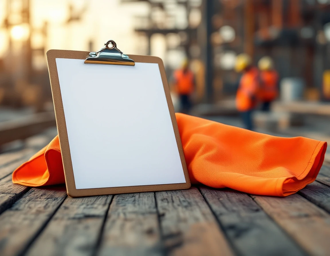 Blank clipboard and orange safety vest on wooden surface at industrial construction site