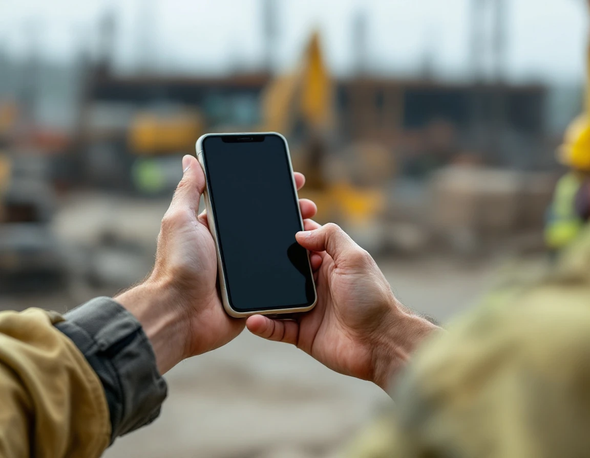 Construction worker in safety vest checking mobile device during worksite break in natural daylight