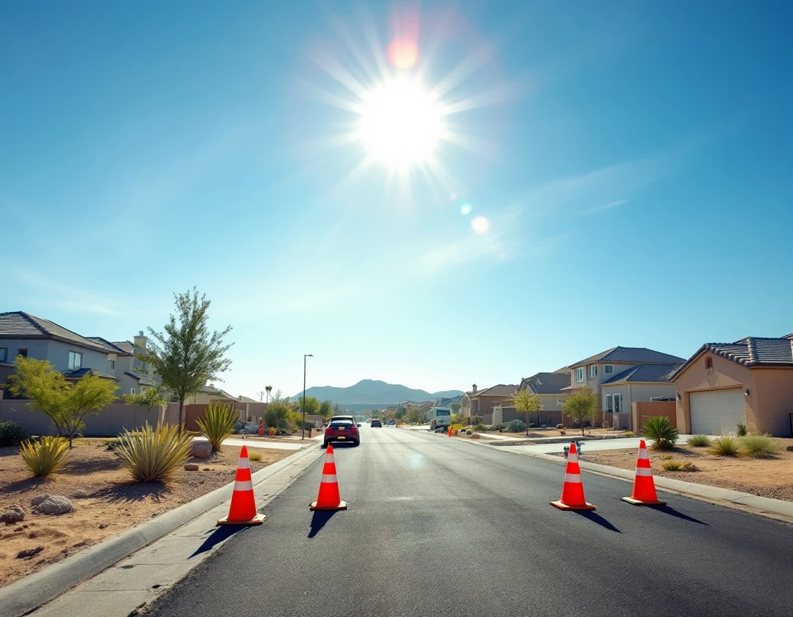 Construction site with safety equipment positioned in shade during extreme heat conditions