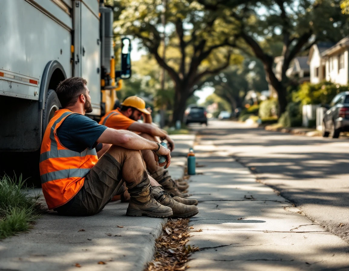 Utility workers taking a shade break on residential street during extreme heat conditions