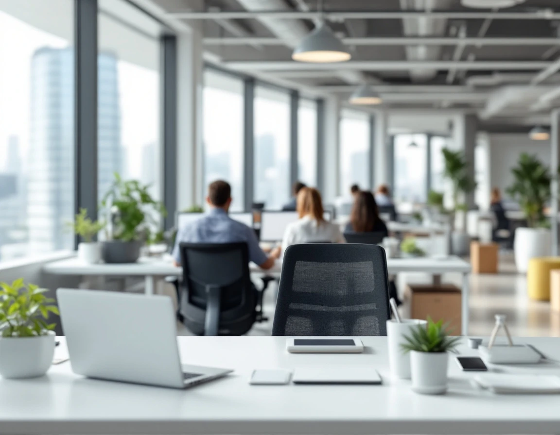 Modern office workspace with natural lighting showing collaborative work environment and flexible desk arrangements