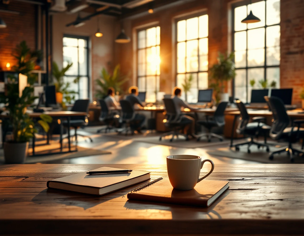 Modern flexible office workspace with varied seating arrangements and natural lighting during golden hour