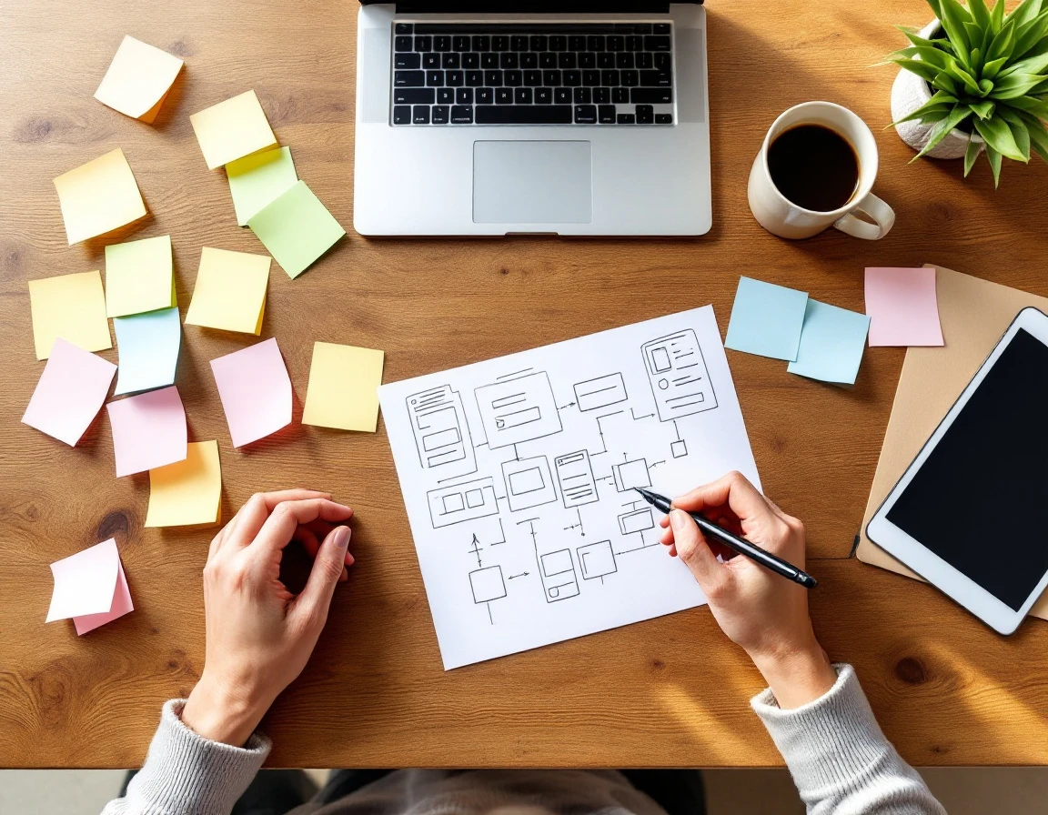 Overhead view of workspace with blank planning materials, devices, and natural hand positioning