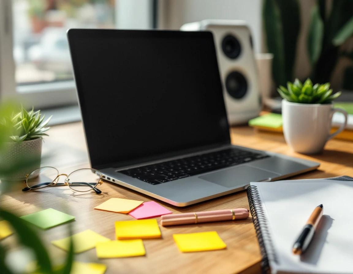 Organized desk workspace with laptop, sticky notes, open notebook, and coffee mug in natural window light
