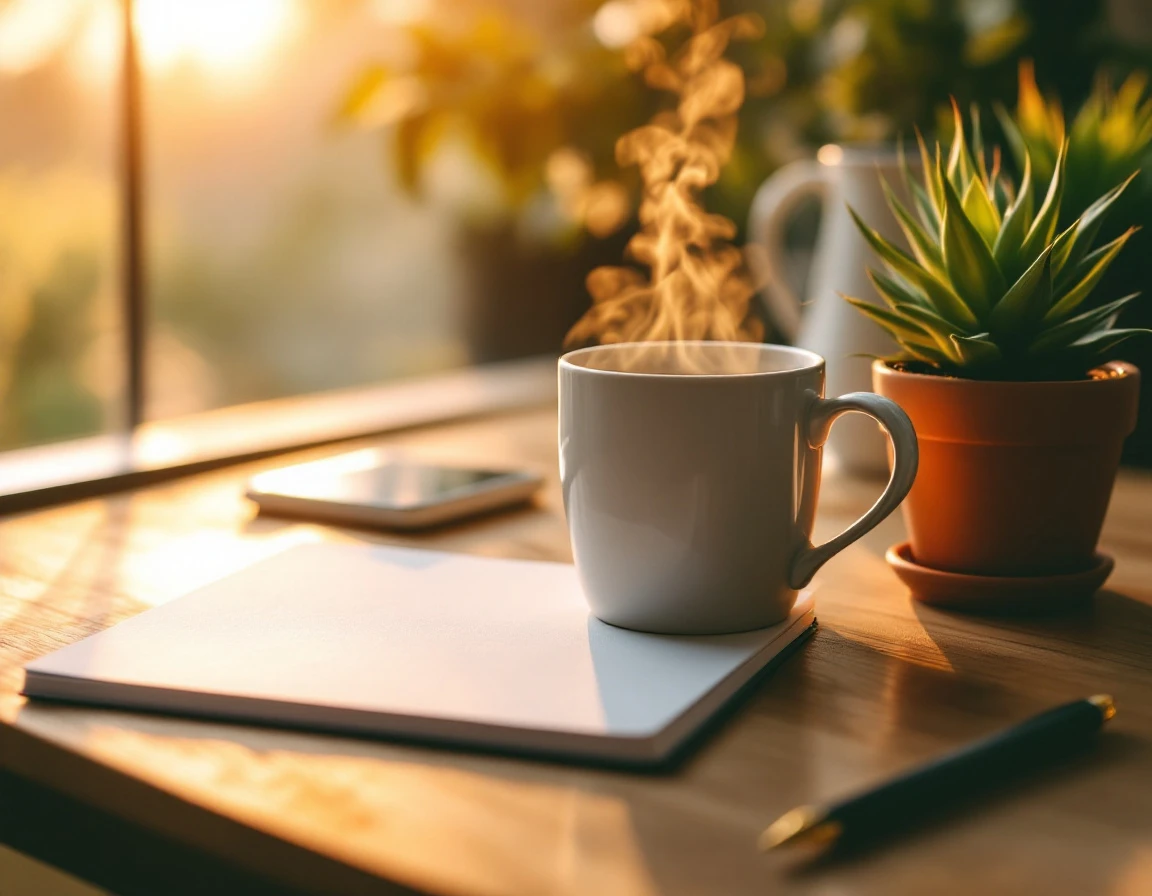 Steaming mug on wooden desk with blank notebook and succulent plant in warm morning sunlight