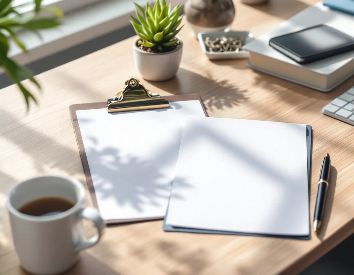Office desk with blank compliance forms, notebook, pen, and plant arranged on wooden surface