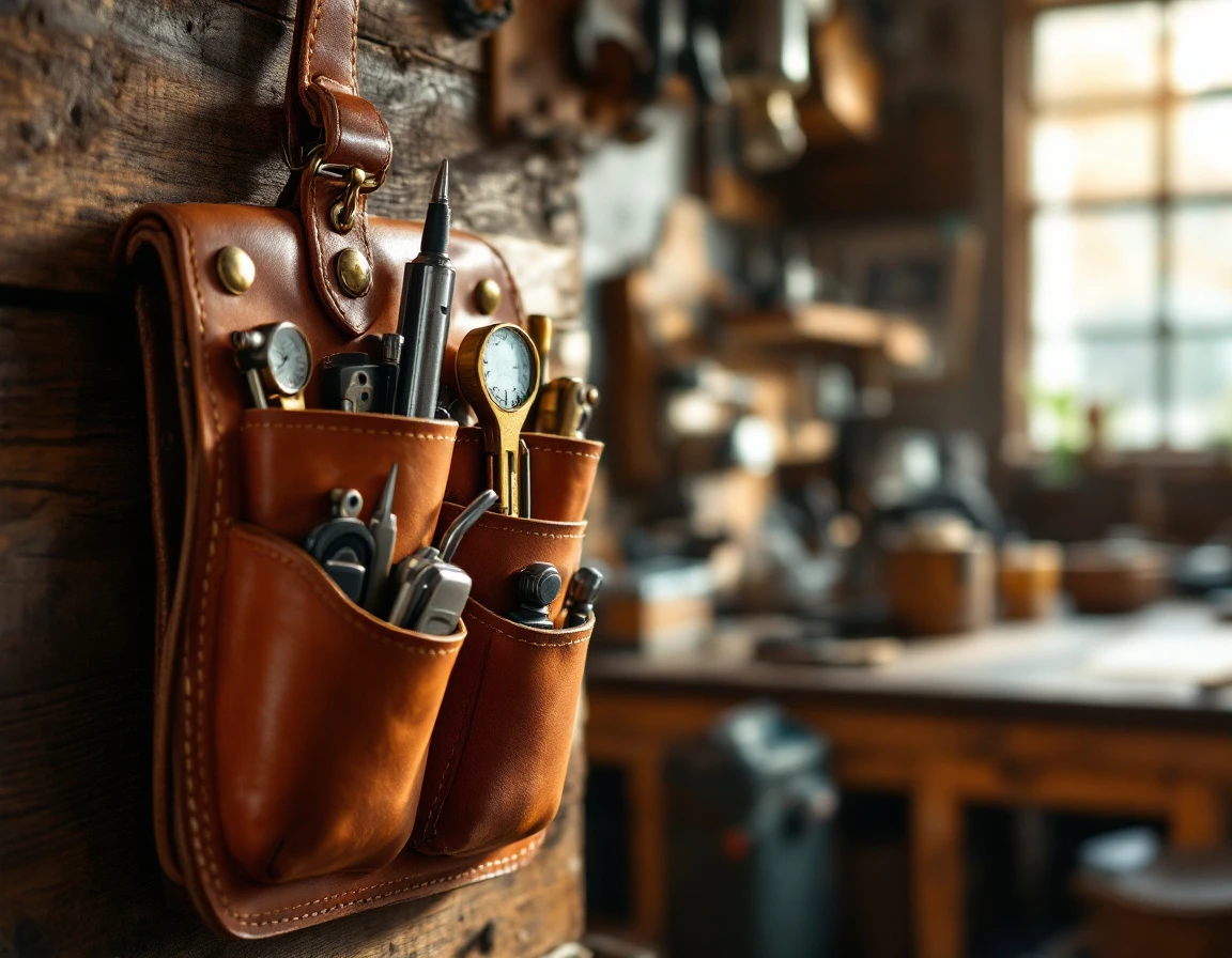 Organized tool belt with precision instruments on wooden workbench in natural workshop lighting