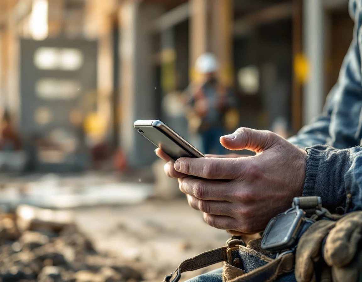 Frontline worker using mobile device on construction site during work break