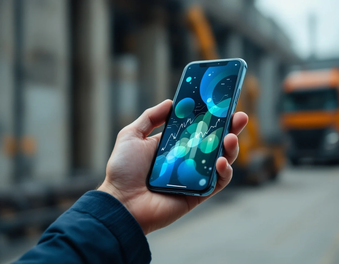 Professional holding smartphone with blurred analytics display in outdoor industrial work environment