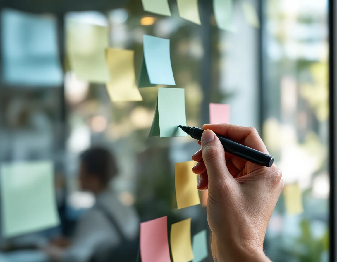 Hand with marker above color-coded sticky notes on glass planning board in natural office light