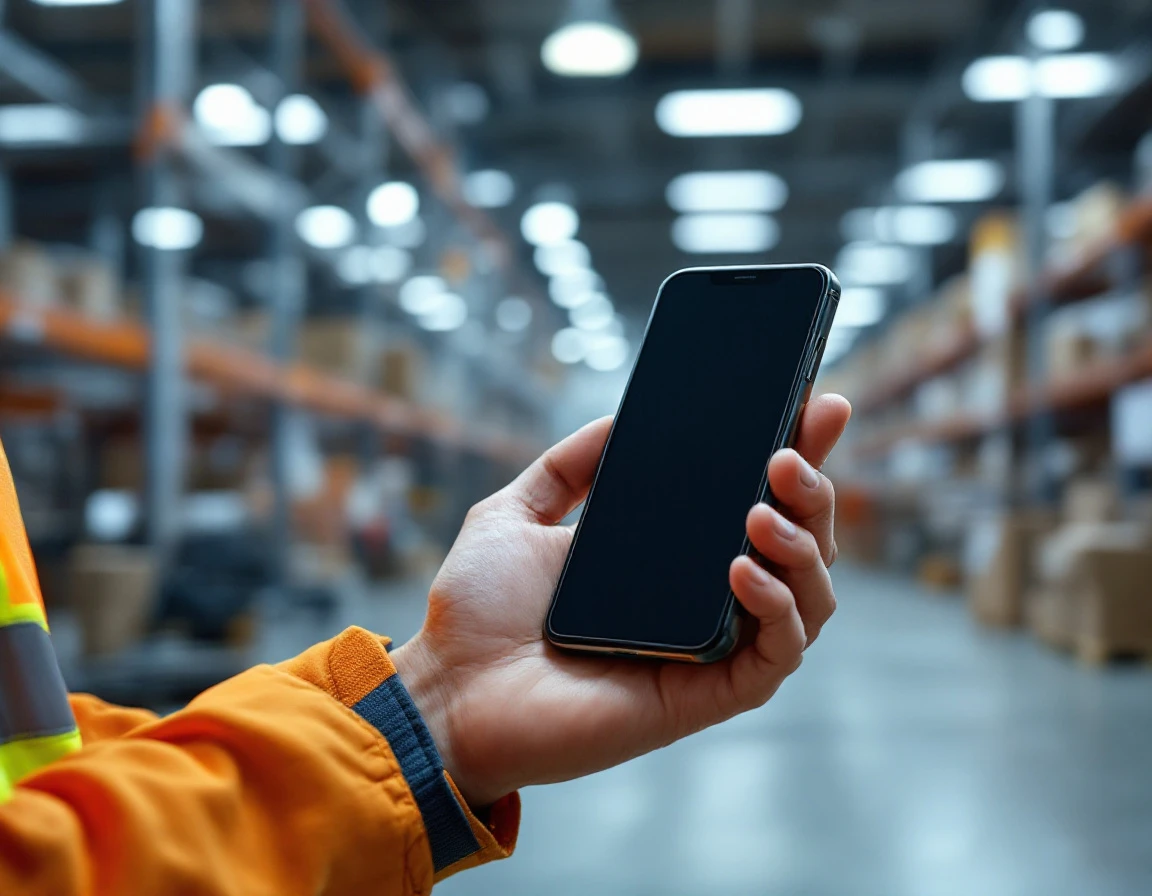 Warehouse worker holding smartphone in industrial facility with safety vest and storage racks in background