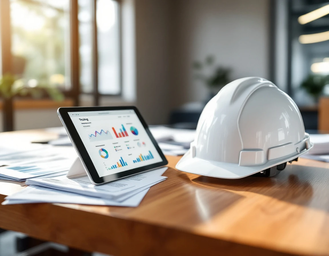 Modern tablet and safety hard hat on wooden desk with blurred compliance documents in professional office setting