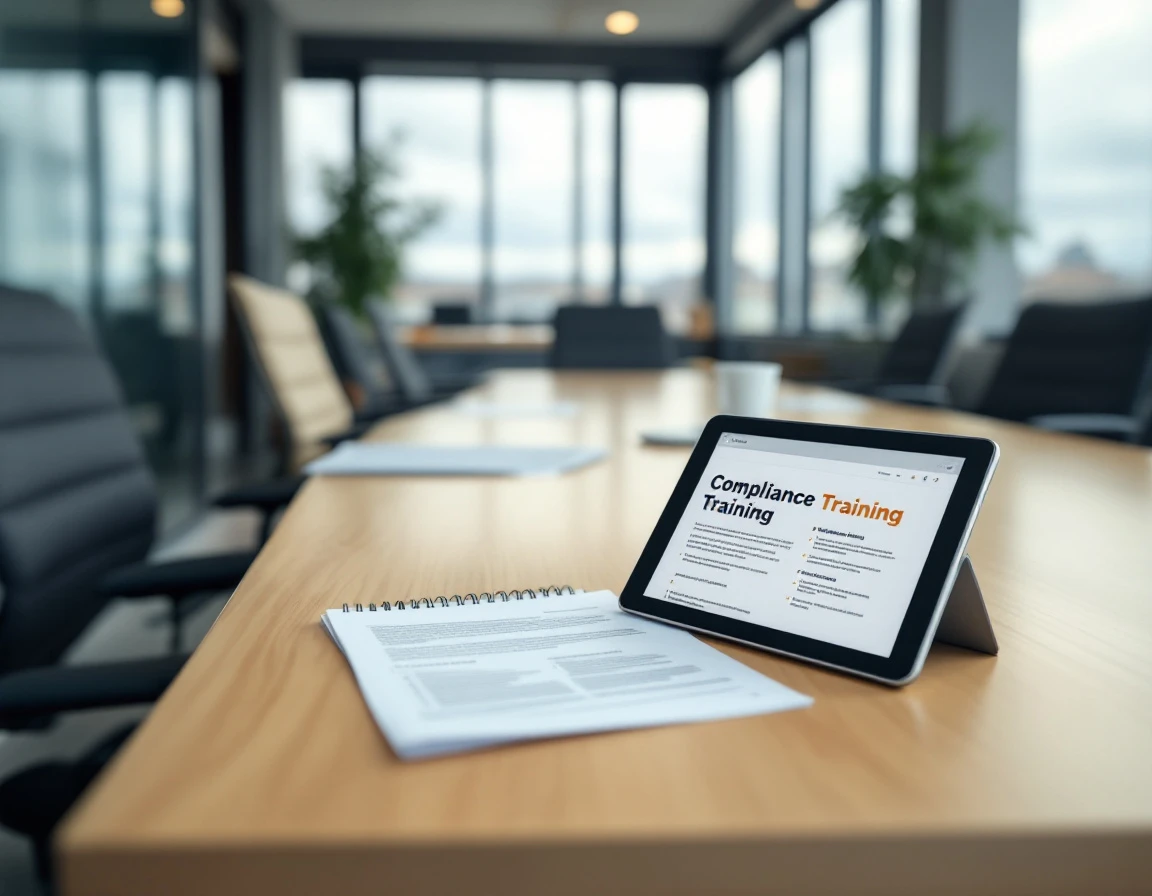 Corporate training materials and tablet on conference table with natural window lighting