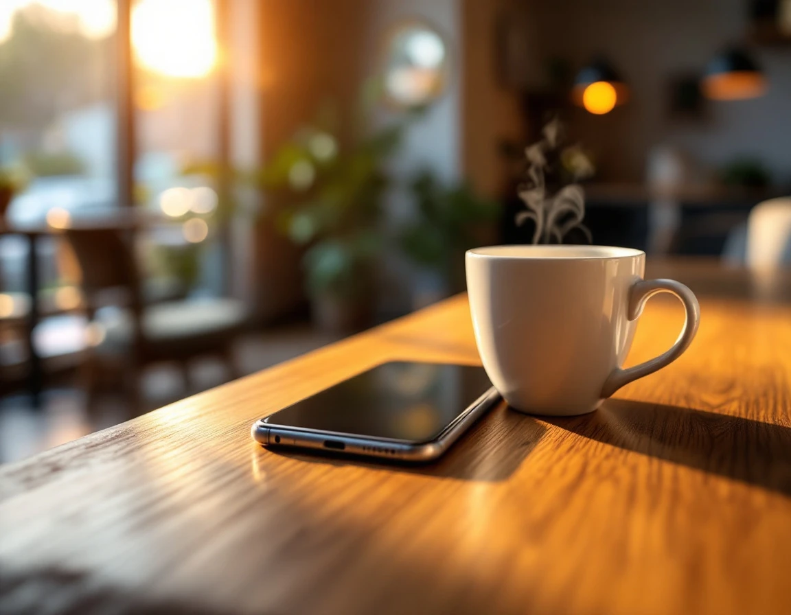 Smartphone face-down on wooden desk with coffee cup in warm café lighting
