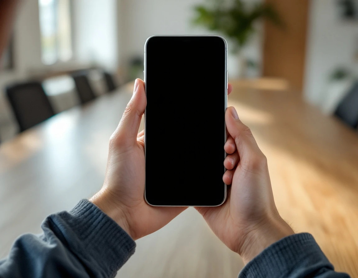Hands holding smartphone in office training room with natural lighting and modern workspace furniture
