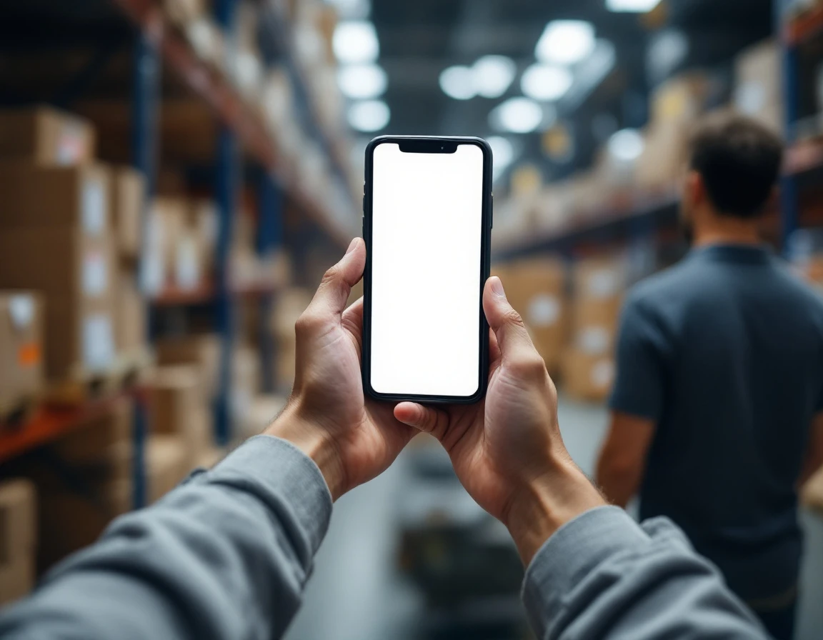Employee using smartphone for mobile training in retail stockroom with shelving in background